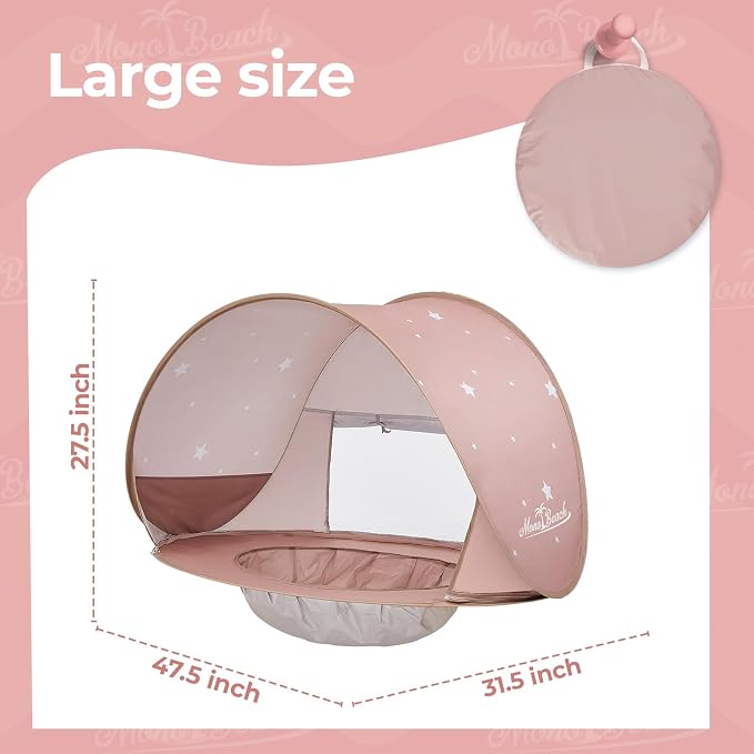 Monobeach Baby Beach Tent with Pool: Brown Stars Pop Up Sun Shade Tent for Toddler, UV Protection Portable Outdoor Shelter, Foldable Camping Canopy for Beach, Backyard & Travel