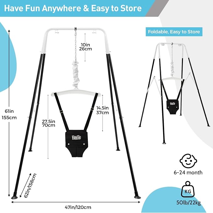 FUNLIO Baby Jumper with Stand for 6-24 Months, Toddler Jumper for Indoor/Outdoor Play, Infant for Baby Girl/Boy, with Adjustable Chain, Easy to Assemble & Store (with Stand) - Black