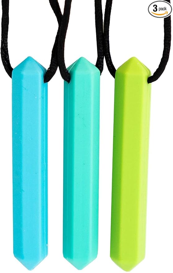 Pencil Sensory Necklace 3 Set - Best for Kids or Adults that Like Biting or Have Autism – Perfectly Textured Silicone Chewy Toys - Chewing Pendant for Boys & Girls, Chew Necklaces - Ocean Blue