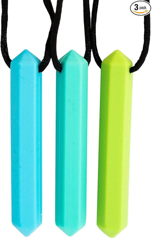 Pencil Sensory Necklace 3 Set - Best for Kids or Adults that Like Biting or Have Autism – Perfectly Textured Silicone Chewy Toys - Chewing Pendant for Boys & Girls, Chew Necklaces - Ocean Blue