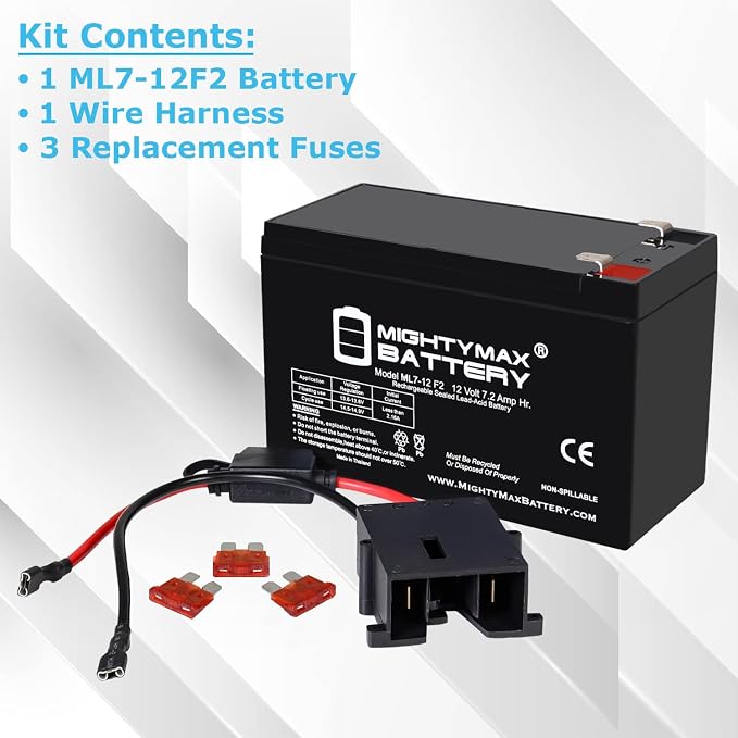 Mighty Max Battery Drop in Replacement for 12v power wheels ride on toy 7ah battery kit and harness