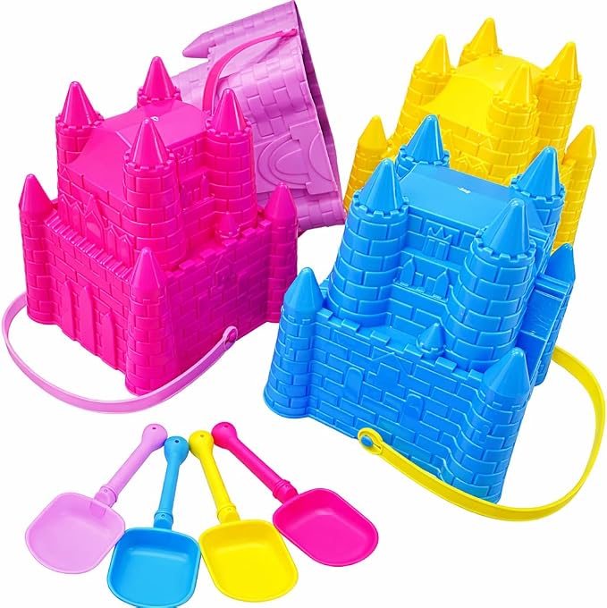 4E's Novelty (4 Sets) Castle Beach Buckets and Shovels, Large Size 7" - Sand Castle Building Kit, Sandcastle Molds Beach Toys for Kids 3-10, Outdoor Sand Toys for Toddlers
