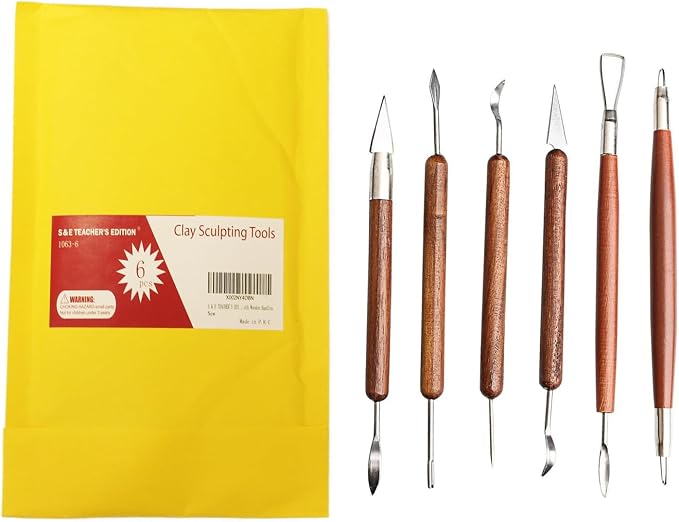 S & E TEACHER'S EDITION 6 Pcs Pottery & Clay Sculpting Tools, Double-Sided, Smooth Wooden Handles.