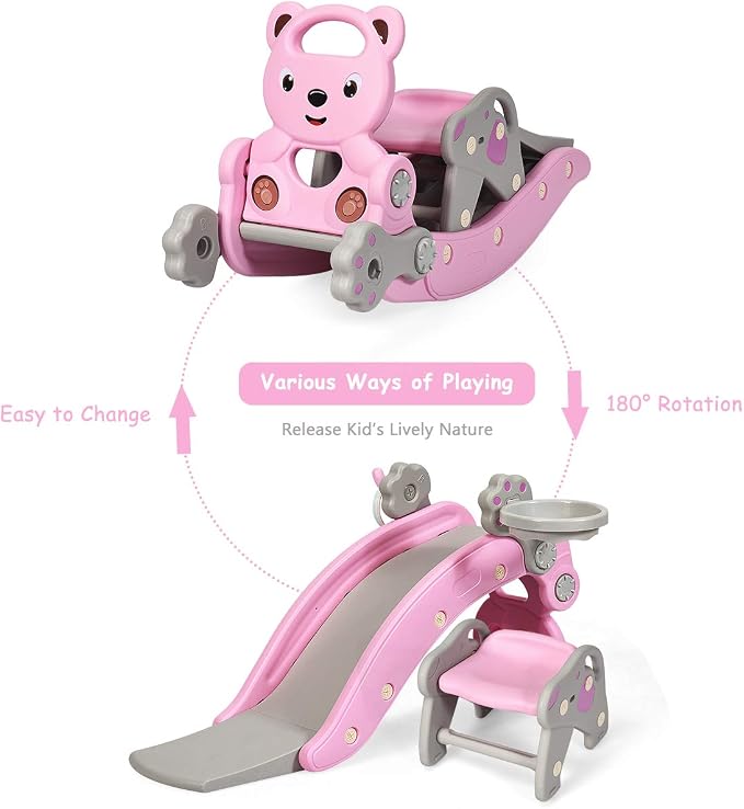 Costzon 5 in 1 Toddler Slide Rocking Toy, Slide for Kids with Detachable Stool, Basketball Hoop and Ring Game, Foldable Climber Playground Slide for Both Indoors Outdoor Use (Pink Bear)