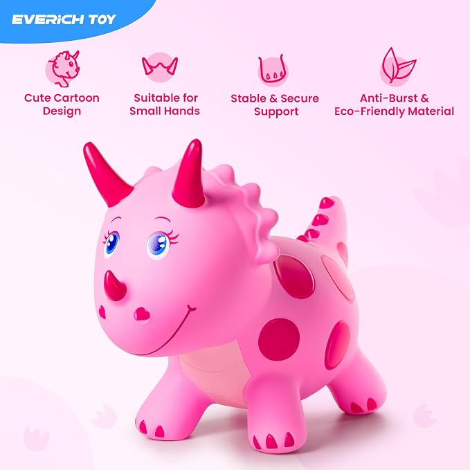 Dinosaur Bouncy Animal Toys, Pink Triceratops Bouncer, Ride on Bounce Hopper for Kids 2-5 Indoor Outdoor Activity Birthday for 18 Months 2 3 4 Years Old Boys