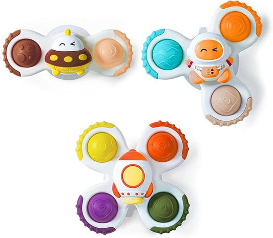 LiKee Strong Suction Cup Fidget Rotating Sensory Bath Toys for Baby Christmas Stocking Stuffers, Airplane Car Travel Table & Window Toys for Toddler Boys and Girls, 10+ Months