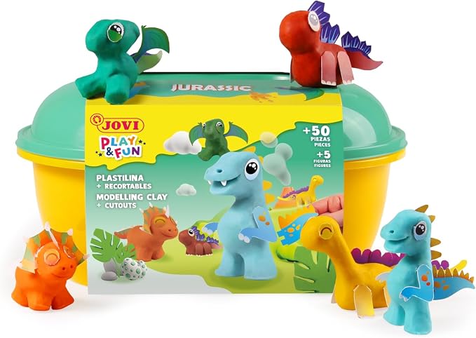 Jovi - Play&Fun Jurassic, Character kit for Children with Modeling Clay | Includes Cutouts, 24 Non-Drying Clay Sticks and Tools to Create Dinosaurs, DIY Art for Kids