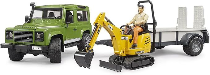 Bruder Land Rover Defender Rigid Drawbar Trailer Jcb Micro Excavator and Construction Worker
