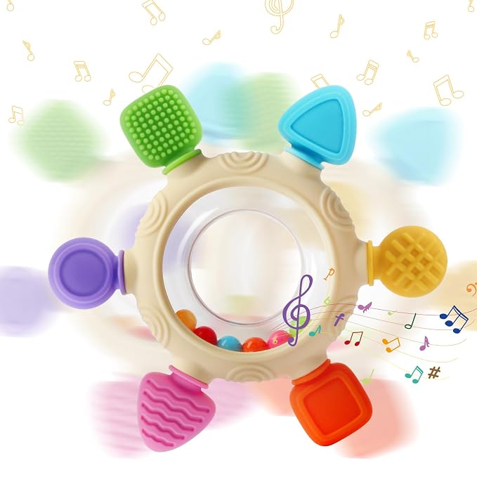 Baby Teething Rings Toys for 0-6 6-12 Months Baby Rattle Teether Sensory Toys for Babies 0-24Months Silicone Teether Relief Chew Soothing Sore Gums for Newborn Infant Essentials BPA Free