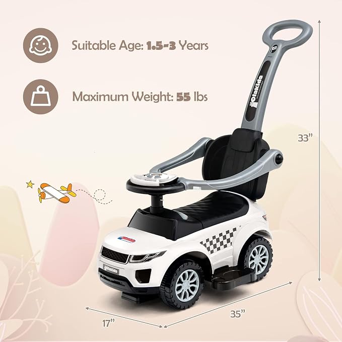 OLAKIDS 4 in 1 Ride on Push Car, Toddlers Stroller Sliding Walking Toy with Horn, Music, Lights, Removable Guardrails Handle, Underneath Storage, Foot-to-Floor Walker for Boys Girls (Ivory White)