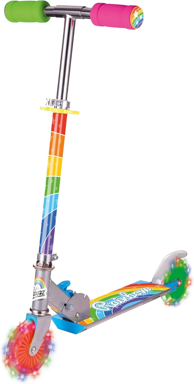 Ozbozz Rainbow Folding Scooter with Light-Up Wheels, Adjustable Height, Rear Brake, for Kids Ages 5 and Up - Portable Design