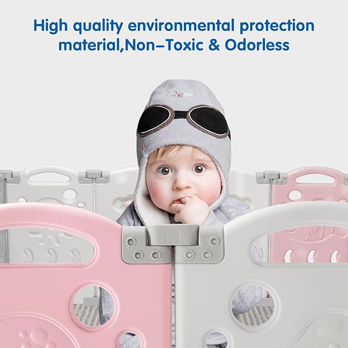 Albott Baby Playpen, Upgraded 22 Panels Foldable Baby Fence with Game Panel and Safety Gate, Adjustable Shape, Portable Play Yards for Children Toddlers Indoors or Outdoors (Pink+White, 22 Panel)