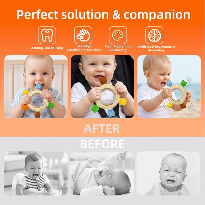 Baby Teething Toys for 0-6 Months,Babies Rattle Teether Sensory Toy for Baby 6-12 Months,Ring Teether Infant Toys for Babies 0-24Months,BPA Free Babys Chew Toys Newborn Infant Toys Gifts