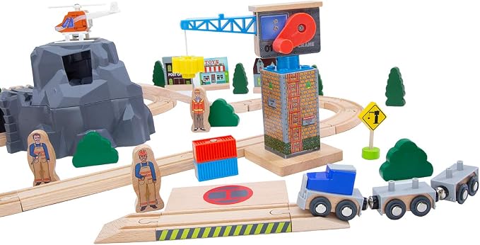 Wooden Train Set Kids Lift & Load Magnetic Crane Helicopter Semi Truck Shipping Containers Diesel Engine STEM Construction Playset Compatible with Thomas Brio Wooden Railway Toy for Toddlers Starter