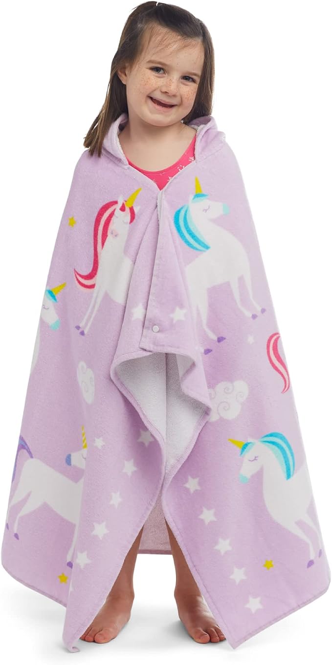 Wildkin Kids Hooded Beach Towel – 100% Cotton, Snap Front for Bath, Pool & Beach - Unicorns