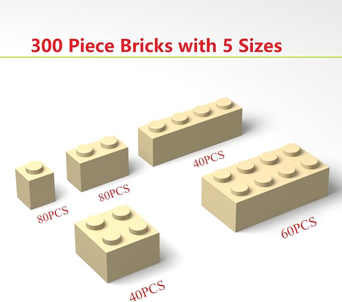 300Pcs Building Brick Bulk, Tan Bulk Bricks with 5 Sizes, Compatible with Lego and Parts and Pieces, Creative Building Block Toys for Boys Girls Ages 6 7 8 9 10 Years Old