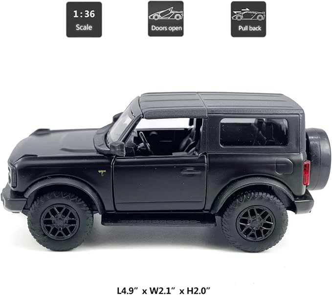 2-Door Bronco Badlands Model Car 1/36 Scale Diecast Toy Cars Metal Alloy Children’s Vehicles, Pull Back Doors Open, Black Rim, Mens Collection, Kids Toys for Boys Gifts, Cake Topper Home Décor, Black