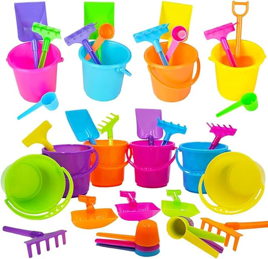 The Dreidel Company Mini Beach Playsets 24-Pack, Play Set Includes 1 Sand Bucket, 1 Shovel, 1 Rake, and 1 Scoop, Birthday Treats for Boys and Girls, Party Favors for Kids and Toddlers