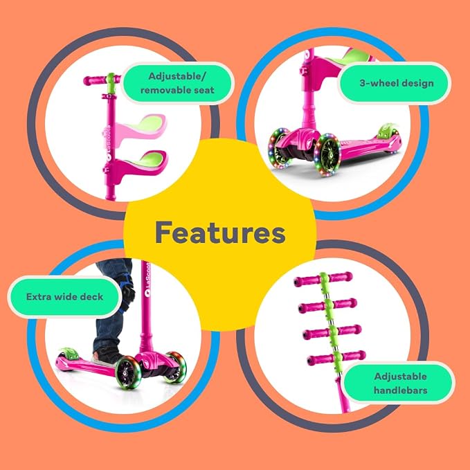 LaScoota 2-in-1 Kids Kick Scooter, Adjustable Height Handlebars and Removable Seat, 3 LED Lighted Wheels and Anti-Slip Deck, for Boys & Girls Aged 3-12 and up to 100 Lbs.