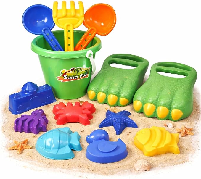 Liberty Imports 13 PCS Beach Sand Toys, Dinosaur Claw Hand Scoop Play Set with Bucket, Shovel Tools, Animal and Castle Sand Molds - Beach Sandbox Toys for Toddlers & Kids