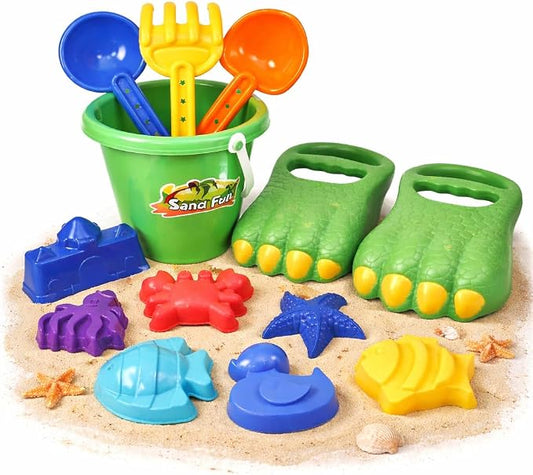Liberty Imports 13 PCS Beach Sand Toys, Dinosaur Claw Hand Scoop Play Set with Bucket, Shovel Tools, Animal and Castle Sand Molds - Beach Sandbox Toys for Toddlers & Kids
