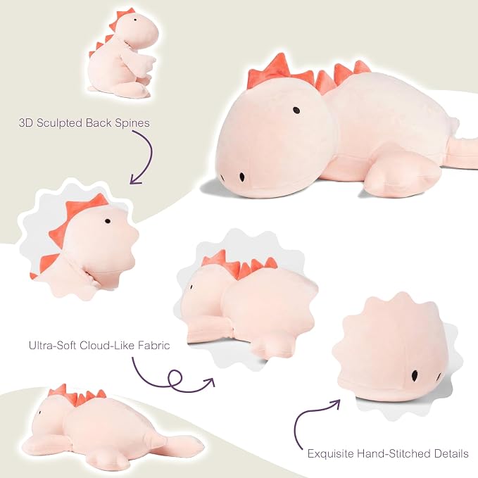 KOWSI® Microwavable Heating Pad Pink Stegosaurus Plush - 1.4 Lb Weighted Stuffed Animal Toy with Tourmaline Beads & Lavender - 16" Squished Long Dinosaur Pillow - Lumbar Back Cushion Lasting Warmth