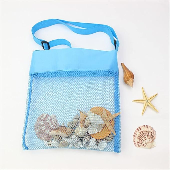 LEMAXELERS 5-PCS Colorful Mesh Beach Bag Shell Collecting Bag Toy Holding Shells with Adjustable Carrying Straps Beach Bags for Kids (5-Pack)
