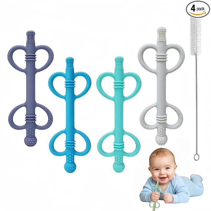 4 Pack Sensory Silicone Teething Tubes, Baby Teether Toys with Easy-Hold Love Handle, Dual-Sided Textures, Soothe Sore Gums, BPA-Free Teething Chew Straws for 3+ Months Infants