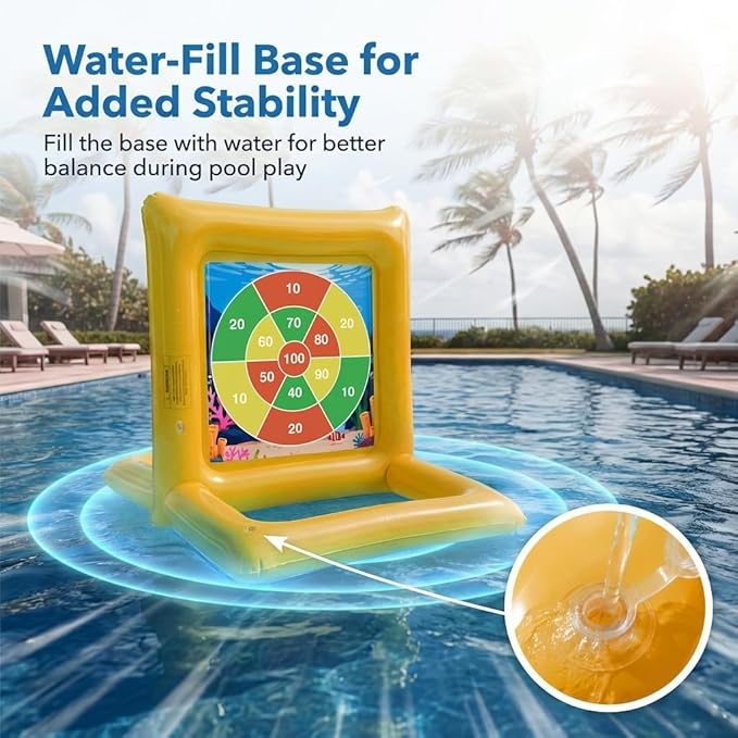 Pool Toys for Kids & Adults, 2-in-1 Pool Basketball and Dart Board Game Set, Family Summer Water Games for Kids Ages 6+ and Adults, Backyard Pool Party Games, Yellow