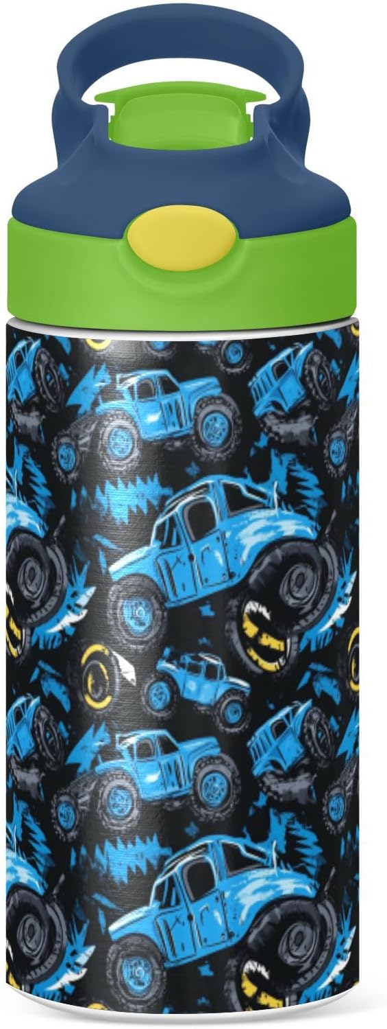 Boccsty Abstract Monster Trucks Kids Water Bottle with Straw Lid Tire Tracks Car Insulated Stainless Steel Reusable Tumbler for Boys Girls Toddlers 12 oz Green