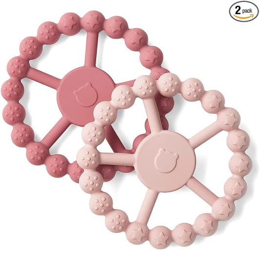 Samigo Ring Baby Teether Toys, Silicone Teething Ring Toys for Babies 0-6 6-12 Months, Baby Teethers 0-3 Months, Infant Teething Relief, Baby Girl Essentials - 2 Pack