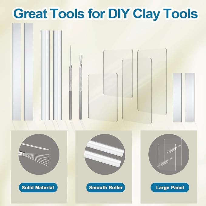 Amrules Clay Tools Kit, 12 PCS Polymer Clay Cutter Tools, Rectangle Shape Acrylic Press Board and Roller Pin Supplies Suitable for Shaping, Carving, Pottery Craft and DIY Projects