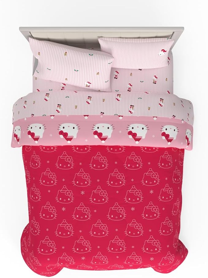Sanrio Hello Kitty Holiday & Christmas Bedding Soft Comforter and Sheet Set with Sham, 7 Piece Full Size (Officially Licensed Product) By Franco