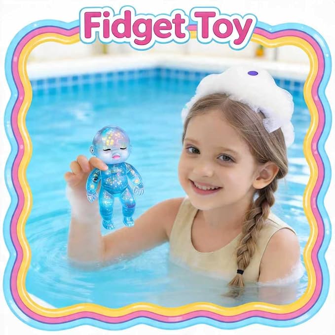 Shiny Baby Doll Soft Rubber Stress Relief Toy – Glowing Stress Ball – Cute Maltose Doll – Stress Relief Toy for Teens and Adults; Party Gift; Soft Toy for Anxiety Relief (Blue)