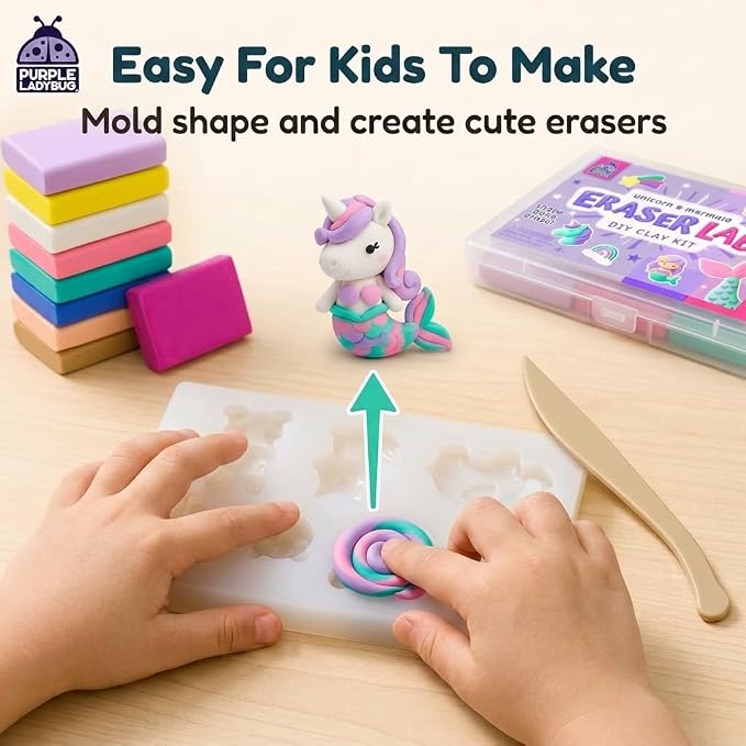 PURPLE LADYBUG Eraser Lab Mermaid & Unicorn Eraser Making Kit - Birthday Gift for Girls Ages 5-10, Make Your Own DIY Clay Eraser Kit, Gift for 7 Year Old Girl, Back to School Supply