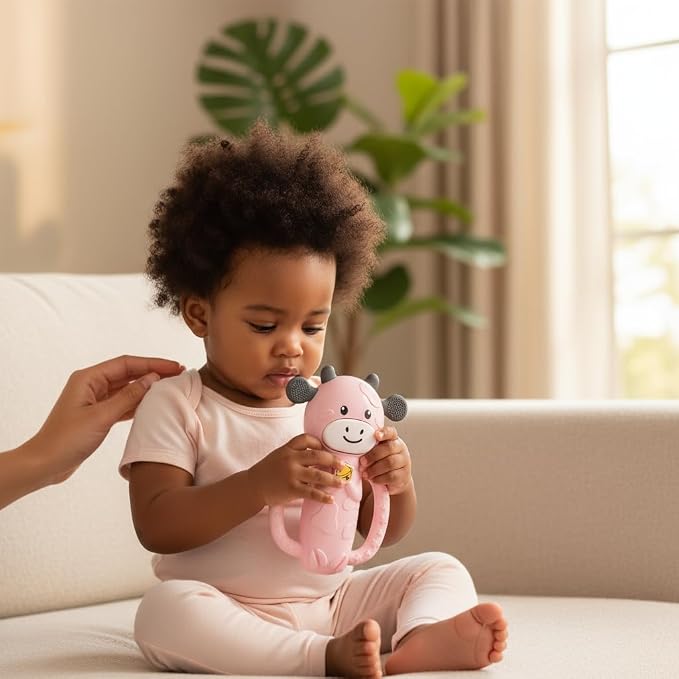 MooMoo Baby Musical Toy, 4‑in‑1 Light‑Up Sensory Toy & Teether for 3–24 Month Babies, BPA‑Free with Easy‑Grip Handle, Cute Cow‑Shaped Travel Toy for Car Seat & Stroller (Pink)