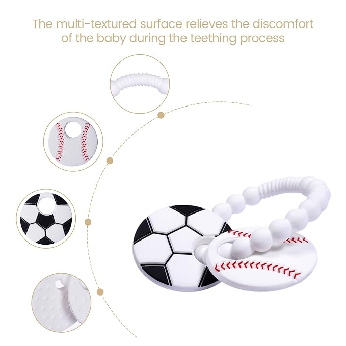 Silicone Baby Ring Toy with Baseball,Soccer Teethers,Must Haves Teething Relief Chew Toys for 0-6,6-12 Months Boys and Girls,Newborns Essentials,Safe and Soft,BPA Free.