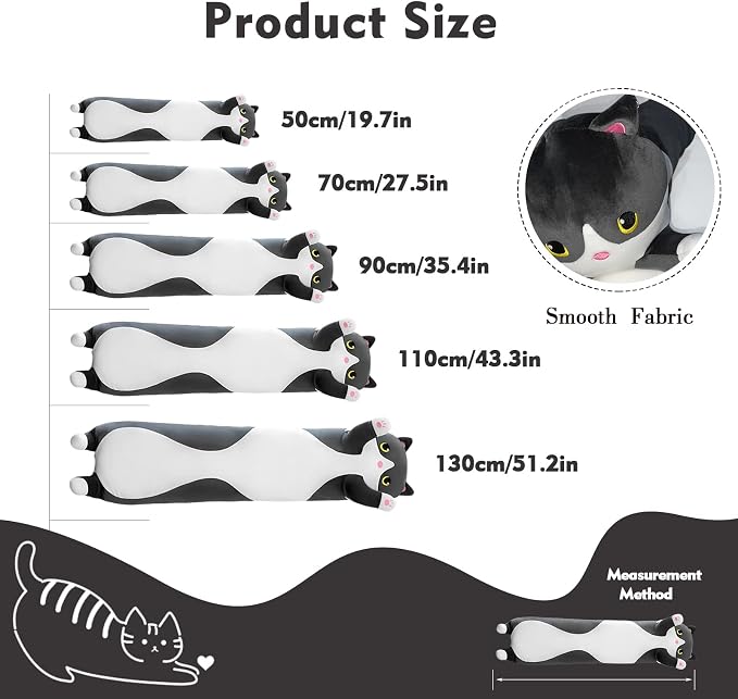 Long Cat Plush Pillow, 19.6in Cute Black Cat Plushie Stuffed Animals Body Pillow, Kawaii Kitten Soft Plushie Doll Toy Birthday Gift for Children Girlfriend