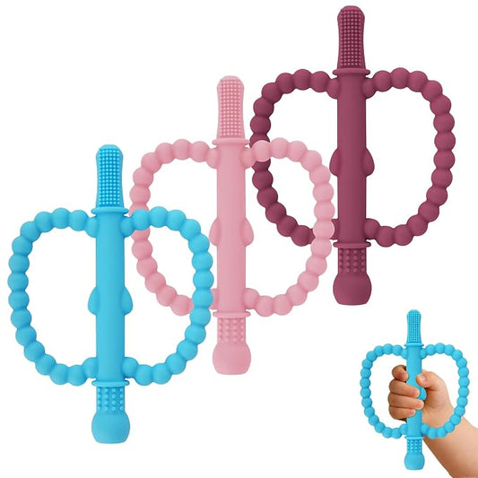 Fu Store Hollow Teether Tube 3 Pack Apple Shape Chew Straw Sensory Toy for Infant Toddlers Silicone Tubes Teething Toys for Babies 0-6 0-12 0-36 Months (Pink, Dark Pink, Blue)