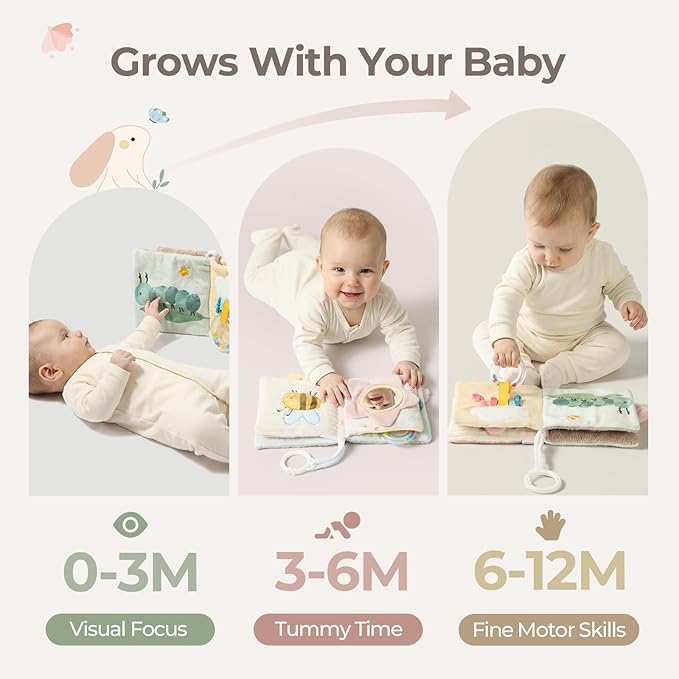 let's make Soft Baby Book, Sensory Crinkle Cloth Books for Babies 0-6 6-12 Months, Animal Tummy Time Toys with Baby Mirror & Squeaker, Touch and Feel Travel Stroller Toy, Newborn Gift Baby Shower