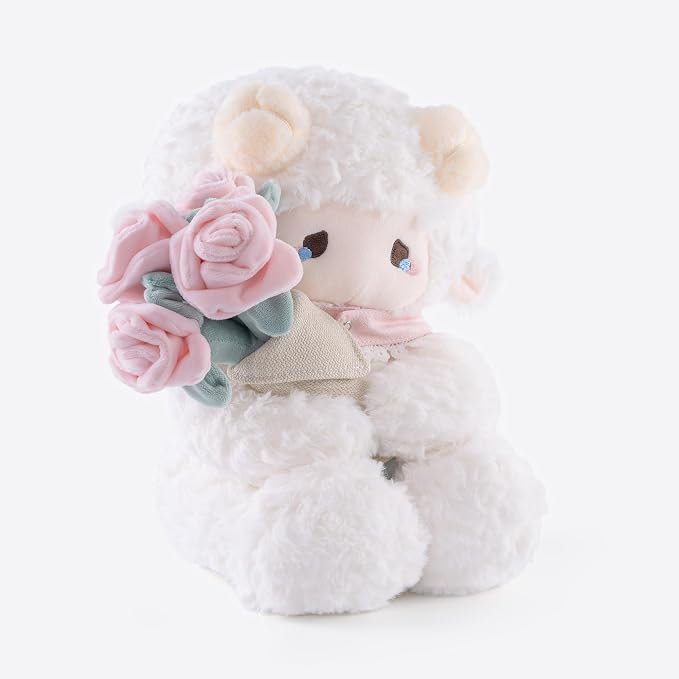 11.4" White Lamb Plush Stuffed Animal with Removable Bouquet of Pink Roses - Ultra Soft & Interactive Cuddly Toy Gift, A Surprise That Never Fades