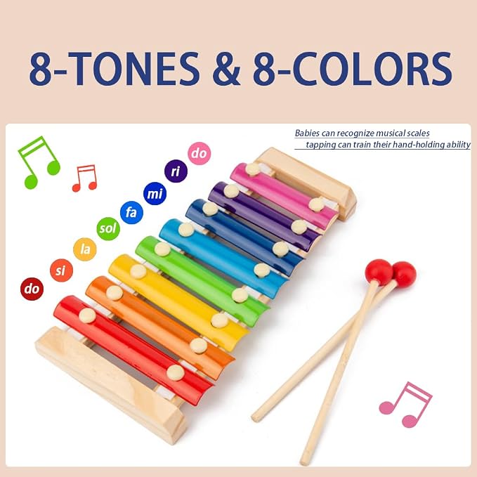 Xylophone for Toddlers, Baby Xylophone with 2 Safe Wooden Mallets and 8 Diatonic Keys, Toddler Musical Instruments Toys for Educational & Preschool Learning