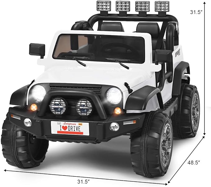 Costzon 2-Seater Ride on Truck, 12V Battery Powered Electric Vehicle Toy w/Storage, Remote Control, 3 Speed, LED Lights, MP3, Horn, Music, 2 Doors Open, Spring Suspension, Ride on Car for Kids(White)