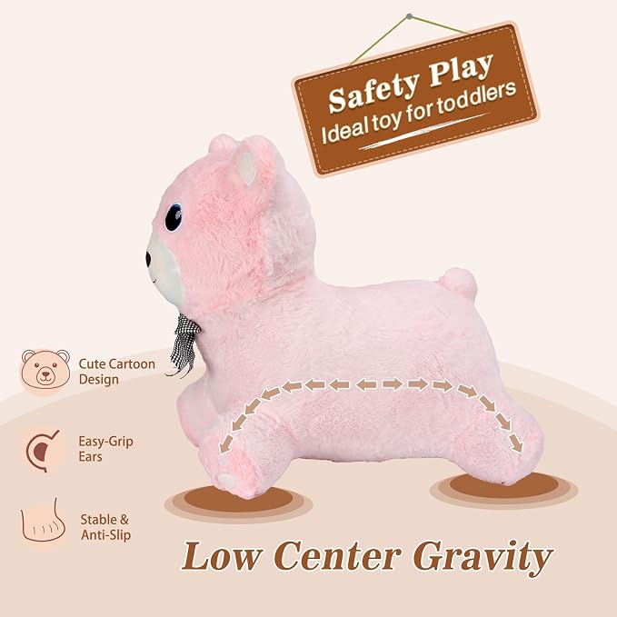 INPANY Bear Bouncy Horse Hopper Toys, Toddler Girl Plush Bouncing Animal, Baby Inflatable Bounce Buddies, Kid Ride on Rubber Bouncer, Outdoor Indoor Cute Birthday Gift Toy for 2 3 4 Year Old Girl Boy