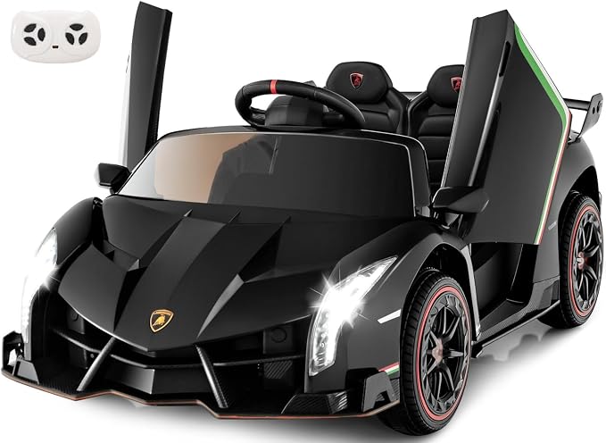 INFANS 2 Seater Kids Ride on Car, 12V 4WD Licensed Lamborghini Veneno Powered Electric Vehicle with Hydraulic Doors, Rocking Mode, Adjustable Speeds, Remote Control, MP3, Headlight (Black)