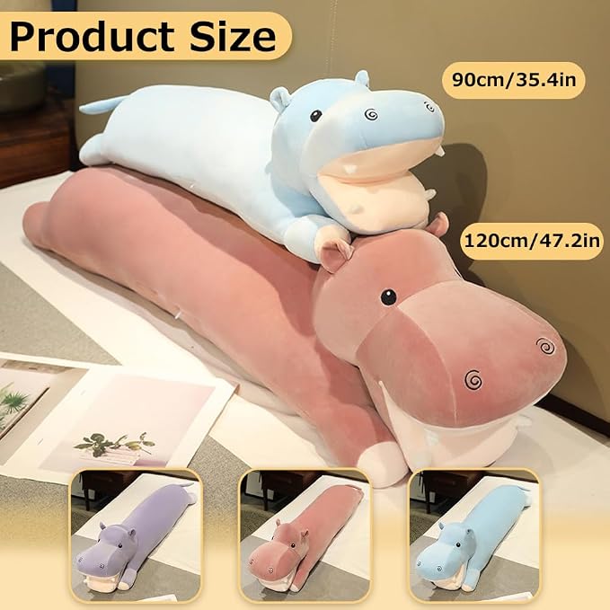 Long Hippo Stuffed Animal Body Pillow Hippo Plush Throw Pillow Toy Soft Weighted Hippos Plush Stuffed Gift for Kids Grilfriend