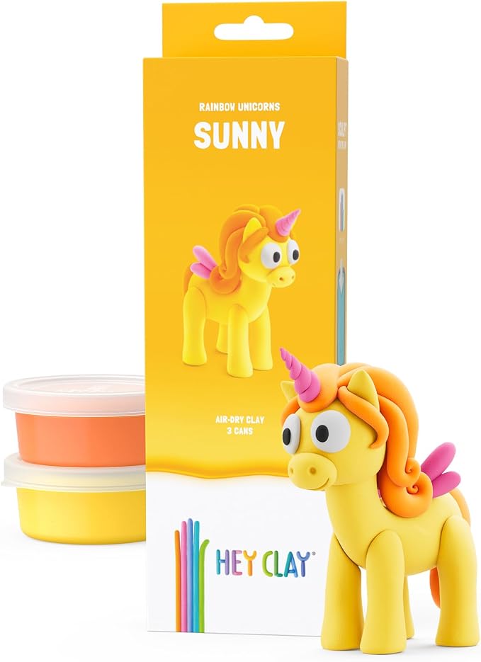 HEY CLAY Modelling Air-Dry Clay with Fun Interactive App - Modeling Clay and Crafts Set for Kids Ages 3 to 8 - Series Rainbow Unicorns, 3 cans (Sunny)
