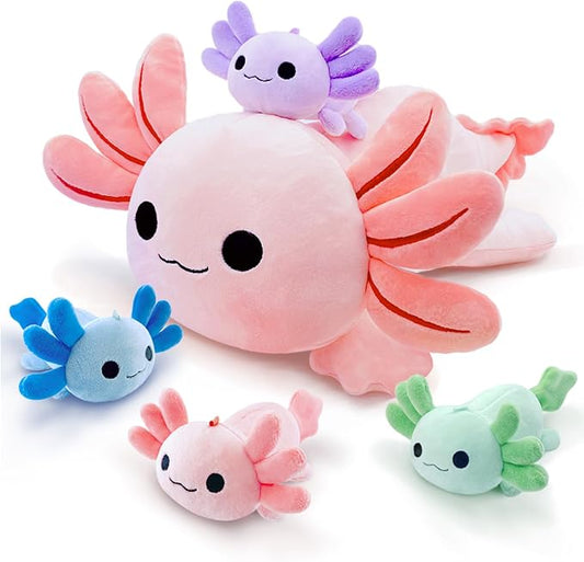 Axolotl Plush，Cute Axolotl Mommy Stuffed Animal with 4 Baby Axolotl Plushies in Tummy，Kawaii Axolotl Plush Toy Gift for Kids Girls Boys