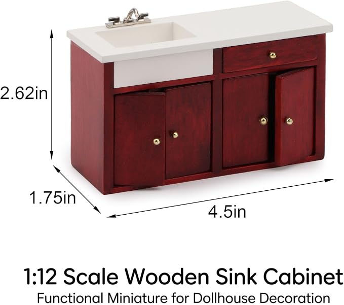 Dollhouse Furniture 1/12 Scale Miniature Sink Cabinet Wooden Bathroom Vanity Cabinet with Openable Drawer and Doors (Red)