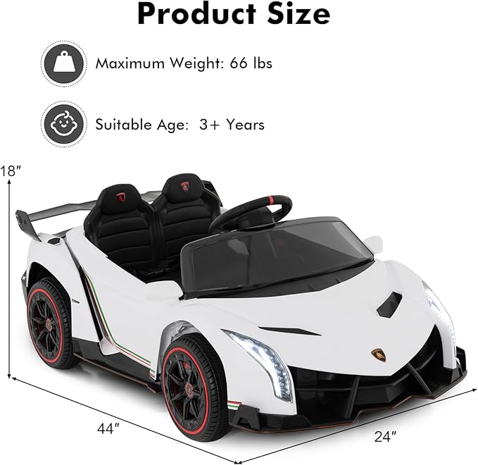 INFANS 2 Seater Kids Ride on Car, 12V 4WD Licensed Lamborghini Veneno Powered Electric Vehicle with Hydraulic Doors, Rocking Mode, Adjustable Speeds, Remote Control, MP3, Headlight (White)